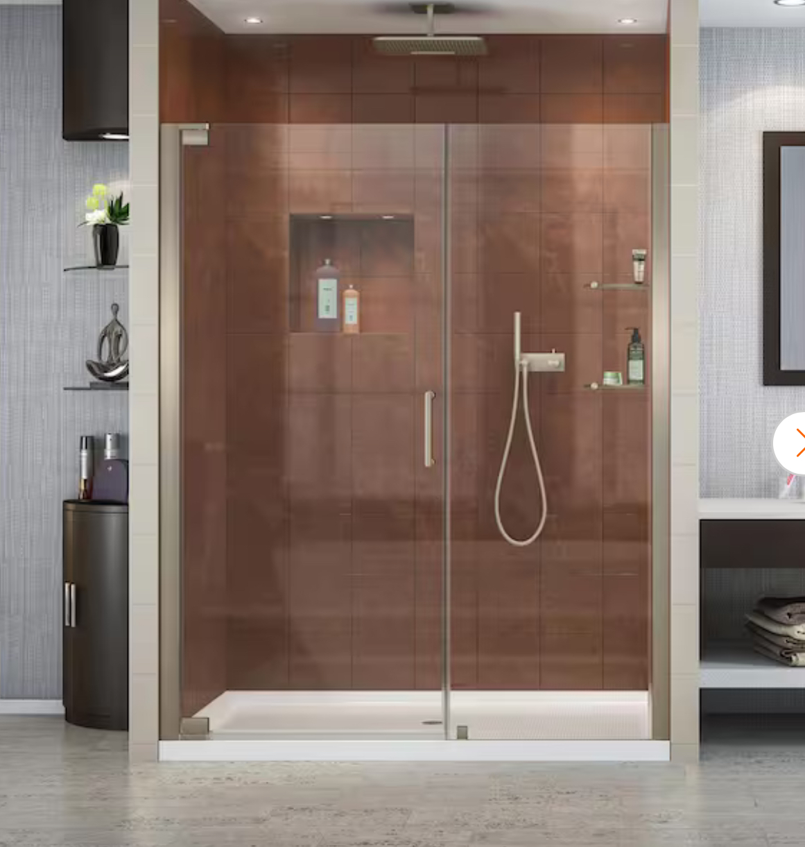 Accessible bathroom with roll-in shower, grab bars, and wide doorway for mobility devices